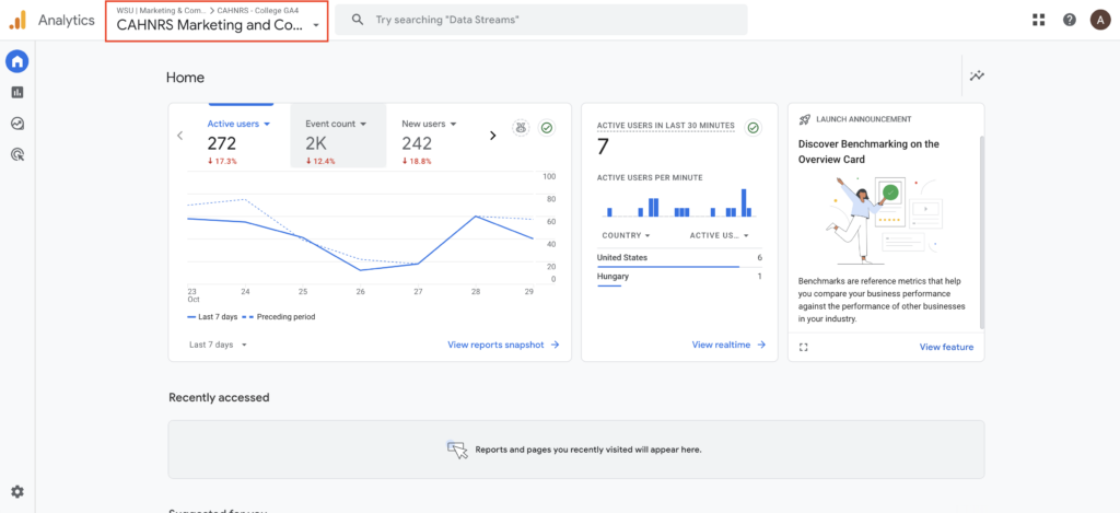 Dashboard for GA4, red square around account area in top left corner. 